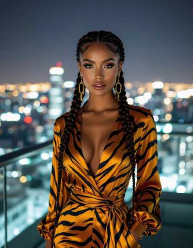 A striking ethnic woman with deep olive skin and intricate braids commands attention in a sleek tiger print silk jumpsuit on a rooftop terrace. City lights blur in the background, creating a cinematic low-key ambiance. The sharp focus on her eyes and depth of field highlight the high fashion editorial composition.