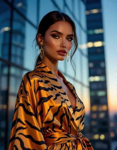 A striking ethno-model with golden skin and sharp features commands attention in a luxurious tiger-print silk robe. The sleek glass skyscraper backdrop at twilight creates a cinematic atmosphere, highlighting the model's elegant pose and dramatic fashion editorial style.