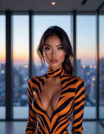 A striking ethnic woman with intense eyes and full lips commands attention in a sleek tiger-striped bodysuit. The minimalist loft features floor-to-ceiling windows showcasing a dusk city skyline, bathed in soft golden light. The portrait exhibits a modern, glamorous art style emphasizing the subject's confident gaze and bold fashion.