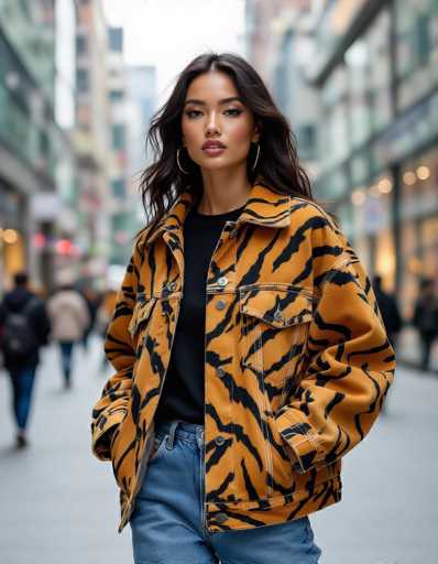 A confident ethnic model commands attention in a seductive street-style portrait. She wears an oversized tiger-print denim jacket over a black top and jeans, walking through a trendy urban plaza. The shallow depth of field emphasizes her expressive features against blurred modern architecture and pedestrians, creating a dynamic and stylish image.