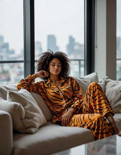 An ethnic woman in stylish tiger-print loungewear lounges on a plush sofa in a luxurious apartment. A large window offers a rainy cityscape view, bathed in soft natural light. The scene evokes an intimate and comfortable lifestyle fashion shot with a modern art style.