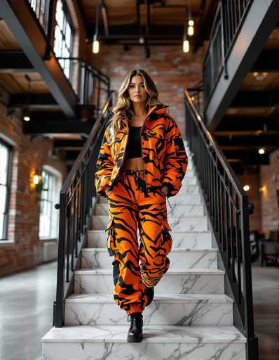 A woman in bold orange and black tiger print separates strides down a modern marble staircase in an industrial loft. The warm lighting highlights the exposed brick and steel beams, creating a dynamic architectural perspective with motion blur on her lower legs.