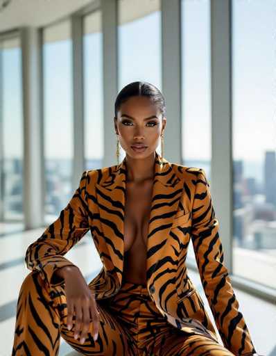 A striking model with dark skin and captivating eyes commands attention in a tailored tiger print suit, seated elegantly in a modern apartment bathed in natural light. Floor-to-ceiling windows offer a blurred cityscape backdrop, emphasizing the high-fashion aesthetic and luxurious setting.