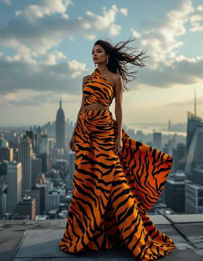 An ethnic woman in a striking, deconstructed tiger print garment stands on a rooftop overlooking a vast city. Wind whips her hair as she gazes into the distance, creating a dramatic cinematic effect with a blurred cityscape and cloudy sky in the background.