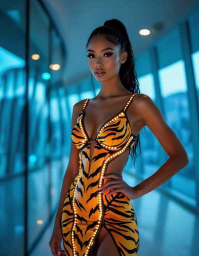 A striking ethnic model commands attention in a futuristic tiger-print dress with embedded LED accents, set against curved glass walls of an eco-friendly building. Soft blue lighting enhances warm skin tones, creating a blend of technology and organic form in this sultry editorial portrait.