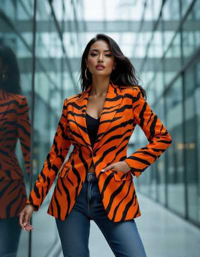 A striking ethnic woman commands attention in a vibrant orange and black tiger-stripe blazer and slim jeans, set against the sleek, reflective glass of a modern corporate tower. The dynamic pose and cinematic lighting create visual tension between her bold attire and the muted background, highlighting a powerful editorial style.