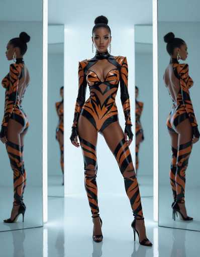 An ethnic woman commands attention in a striking tiger-print latex bodysuit within a minimalist studio. Sharp lighting and large mirrors create dramatic reflections, emphasizing her powerful silhouette against clean architectural lines in this avant-garde fashion composition.