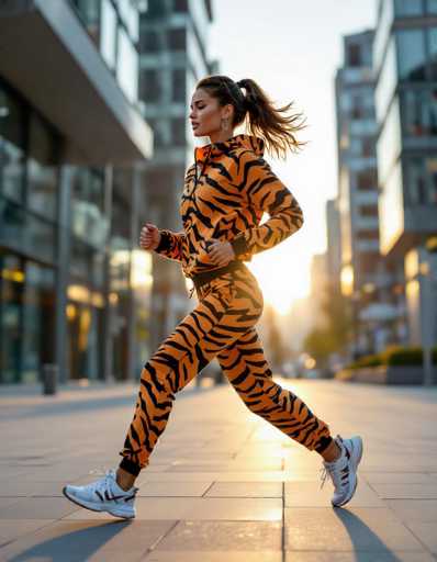 A seductive model in a vibrant tiger print tracksuit jogs energetically on a modern urban plaza at sunrise. The motion blur captures dynamic movement against the fresh morning light and blurred city backdrop, creating a lifestyle fashion editorial with a bold, energetic feel.