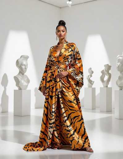 An ethnic model commands attention in a luxurious tiger-print silk robe within a modern art gallery. Spotlights highlight her glistening skin and the rich texture of the garment, contrasting with abstract white sculptures and pristine space. The image exudes confidence and sophistication.