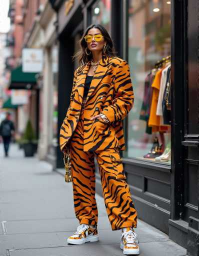 A stylish ethnic woman commands attention in a bold tiger-print blazer and matching cargo pants, paired with vibrant sneakers. She accessorizes with gold jewelry and a chain bag, striking a confident pose against a trendy boutique backdrop in this candid street style shot. The vibrant colors and oversized silhouette create a modern, fashionable look.