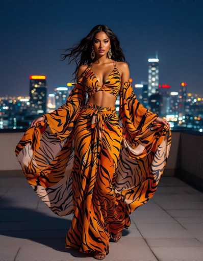 An elegant ethnic model in flowing tiger-print chiffon attire stands on a rooftop terrace at night, gazing intensely at the camera. City lights twinkle below, reflecting in her wavy hair. The scene showcases a fashion-forward aesthetic with a focus on dramatic silhouettes and vibrant colors.