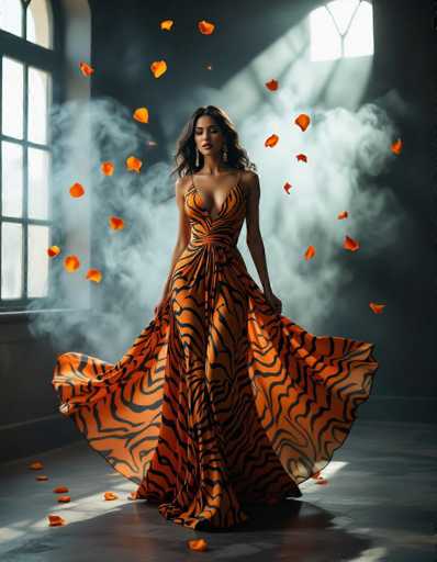 A seductive woman in a flowing orange tiger print gown commands attention in this surreal fashion shot. Floating petals and swirling smoke create a dreamy atmosphere within a dark, moody room illuminated by a spotlight. The high-resolution image showcases depth of field and intricate details in this evocative, artistic composition.