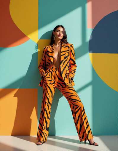 A woman in a bold orange and black tiger print suit poses confidently against a vibrant wall of large geometric shapes. Studio strobe lighting creates strong, distinct shadows on the floor, framing a symmetrical and graphic composition. The art style is modern and striking.