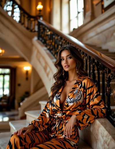 A woman in luxurious tiger-print loungewear poses elegantly on a grand indoor staircase. Soft, warm lighting highlights her sultry gaze and the intricate details of the art deco building's architecture. The composition evokes a high-end magazine spread, blending fashion and sophistication.