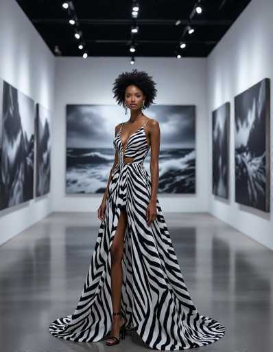 A striking ethnic woman in a zebra-print dress stands confidently in a modern art gallery. Large black-and-white photographs of stormy seas adorn the walls, creating a dramatic backdrop. Soft lighting highlights her and complements the bold pattern of her attire, reminiscent of David Yarrow's fashion photography.