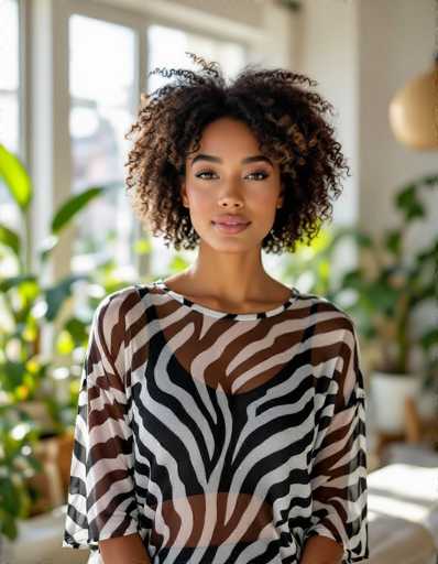 A radiant ethnic model with curly hair gazes directly at the camera in a sun-drenched apartment. She wears a sheer zebra print top amidst lush indoor plants and modern furniture, bathed in soft natural light. The portrait exudes a contemporary and serene art style.