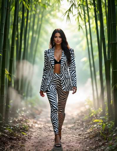 A woman in a striking zebra-print suit confidently walks through a misty bamboo forest at sunrise. Tall stalks frame her, leading the eye to the center. The soft light and organic patterns create a mystical, nature-inspired fashion photograph.