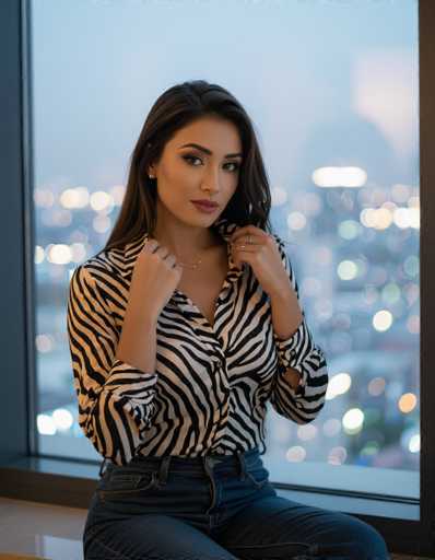 A seductive ethnic woman with long dark hair adjusts her collar on a black and white zebra print blouse, seated by a floor-to-ceiling window. The blurred city lights create a romantic backdrop in this intimate indoor shot, highlighting her confident pose and elegant style.