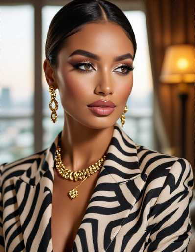 A close-up portrait showcases an ethnic woman with striking makeup and gold jewelry, wearing a bold zebra print blazer. The warm ambient light highlights her captivating eyes and defined features within a luxurious penthouse setting, creating a sophisticated and glamorous aesthetic.