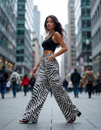 A stylish ethnic woman commands attention in bold zebra print cargo pants, walking confidently through a bustling downtown plaza. Sleek glass skyscrapers frame the scene, creating a dynamic contrast between fashion and urban energy in this vibrant street photography shot.