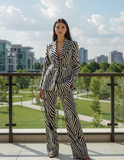 An ethnic model in a striking zebra print linen suit stands confidently on a balcony, gazing towards a modern city park with lush greenery and soft clouds. The bright daylight highlights the chic outfit, creating a stylish outdoor portrait with a contemporary art style.