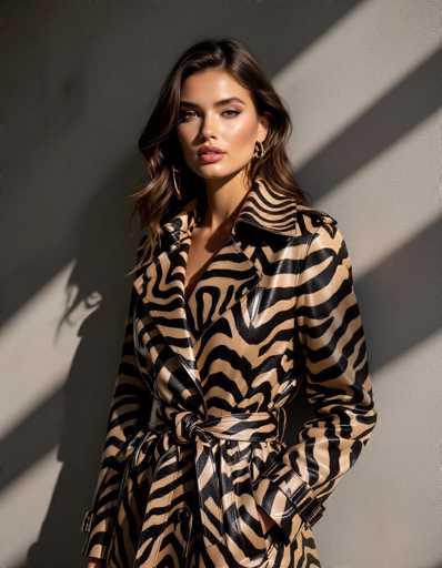 A confident woman in a striking zebra print leather trench coat is the central focus of this studio fashion portrait. Softbox lighting accentuates the coat's texture, while dramatic shadows on a minimalist concrete wall create depth. The spatial relationship is simple yet impactful, emphasizing the model and her attire.