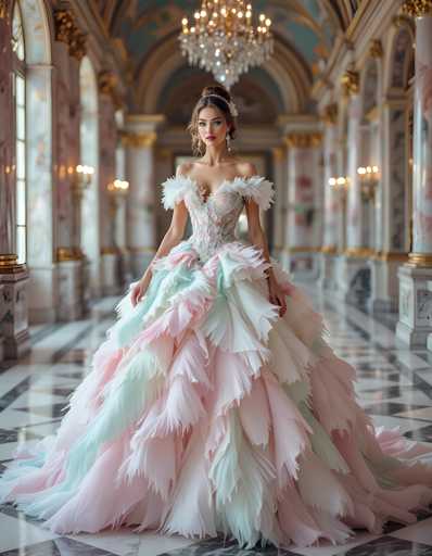 A woman is standing in an opulent room with a high ceiling and large windows that allow natural light to flood the space. She is wearing a long, flowing dress made of pink and white fabric adorned with ruffles and feathers at the bottom. The dress has a train trailing behind her as she stands confidently against the backdrop of the grand room.