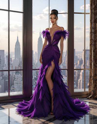 In this captivating image, a woman stands gracefully in front of a large window, framed by a brown curtain adorned with a floral pattern. She is positioned on a sleek, black and white marble floor, adding an element of elegance to the scene. The woman is wearing a striking purple dress that features a deep V-neckline, revealing her cleavage, and a daring slit that extends up to her hip. The dress is embellished with purple feathers on the shoulders and cascades down to the floor, creating a dramatic train. Her black hair is styled in a bun, and she accessorizes with long, dangling earrings. She gazes directly at the camera, exuding confidence and poise. Through the window behind her, the iconic Empire State Building is visible, along with other tall buildings, suggesting that she is in a high-rise building herself. The sky outside is a serene blue, dotted with a few clouds, adding to the overall picturesque quality of the photograph.