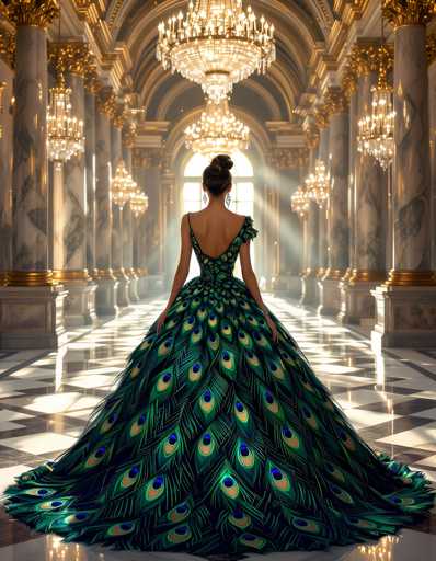 A woman is standing in an opulent room with a high ceiling and large windows that allow natural light to flood the space. She is wearing a long, flowing dress adorned with peacock feathers, which adds a touch of regality to her appearance. The room features marble columns and intricate designs on the walls, creating an atmosphere of grandeur and luxury.