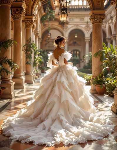 In this captivating photograph, a bride stands gracefully in the center of an opulent courtyard, exuding elegance and timeless beauty. She is adorned in a stunning white wedding gown, characterized by its intricate design that leaves her shoulders and back exposed. The dress features a voluminous skirt with a dramatic train that fans out around her feet, creating a striking contrast against the orange and white tiled floor of the courtyard. Her dark hair is styled in an elegant updo, complementing her long, dangling earrings that catch the light. The courtyard itself is a marvel of architecture, with tall, ornate columns and arches framing the scene. Lush green plants in large terracotta pots line the walkway, adding a touch of natural beauty to the grand setting. Above, black metal lanterns hang from the ceiling, casting a warm glow over the entire scene. The bride stands with her hands gently resting on her hips, gazing to the right, embodying a serene and poised presence in this picturesque moment.