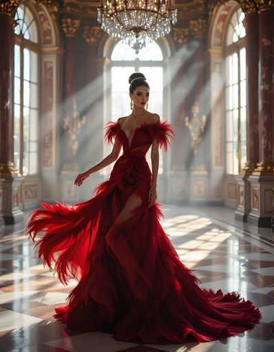 A stunning portrait of a woman in a dramatic, flowing red gown with feather detailing, standing in an opulent, sunlit hall. The dress is a floor-length gown with a deep V-neck and dramatic, feathered shoulder accents. The fabric appears to be a luxurious, shimmering material that catches the light beautifully. She is positioned in the center of the frame, with one arm gracefully extended and her hair styled in an elegant updo. The hall is grand, featuring ornate architectural details like arched windows and gilded columns, with sunlight streaming in from the windows, creating a dramatic play of light and shadow. The floor is patterned with a dark and light marble design, adding to the overall luxurious atmosphere. The woman's expression is serene yet captivating, and her pose exudes elegance and confidence.