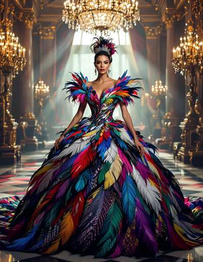 A stunning, full-length portrait of a woman in an elaborate, vibrant gown adorned with feathers. The dress is a dramatic, floor-length creation, primarily in shades of blue, purple, red, and yellow feathers, with a black base. The gown features a deep V-neckline and dramatic shoulder detailing made of feathers, creating a voluminous, almost sculptural effect. The woman's hair is styled in an elaborate updo adorned with more feathers, and she wears ornate earrings. She stands in a grand, opulent setting with crystal chandeliers, gilded architectural details, and a dramatic lighting that casts soft shadows. The overall mood is one of elegance, fantasy, and perhaps a touch of royalty or performance art.
