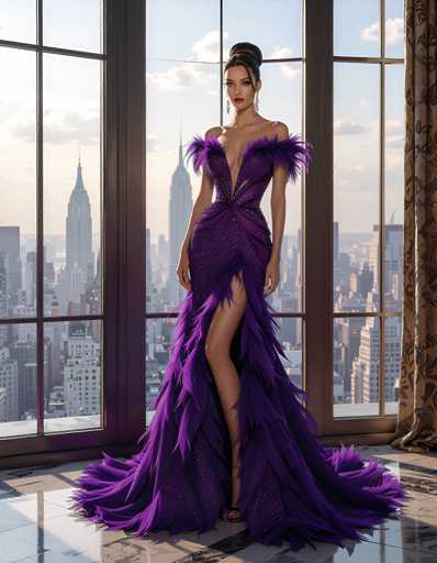 A woman is standing in front of a window with her back turned towards the camera. She is wearing a long purple dress that has a train and feathery sleeves. The background shows a city skyline with tall buildings under a clear blue sky.
