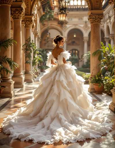 A woman is seen from behind, wearing a long white wedding dress with feathery sleeves and a train that flows down the length of her body. The setting appears to be an indoor space with columns lining the background, suggesting a grand or ornate architectural style.