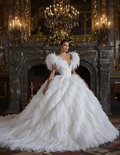 A woman is standing in front of a fireplace with her back turned towards the camera. She is wearing a long white dress with feathers on the sleeves and skirt, which flows down to her feet. The room has a dark color scheme, with gold accents visible throughout the space.