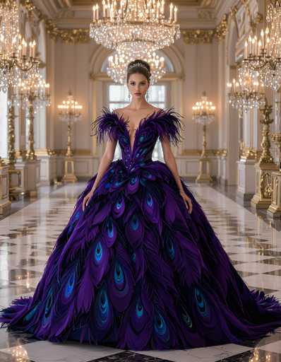 A stunning, full-length portrait of a woman in an elaborate purple and blue feather gown. The dress is a dramatic, floor-length ballgown with a deep V-neck and intricate feather detailing. The feathers are primarily in shades of purple and blue, with a shimmering iridescent quality. She wears a delicate tiara on her head and elegant earrings. The background is a grand, ornate hall with marble floors, gilded walls, and crystal chandeliers. The lighting is soft and dramatic, highlighting the details of the dress and the opulent setting.