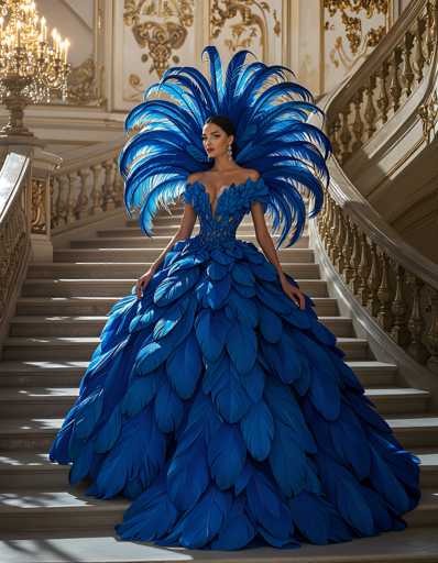A woman is standing on a staircase with her hands on her hips and wearing a blue dress made of feathers that flows down to the floor. The staircase has gold railings and a chandelier hanging from the ceiling above it.