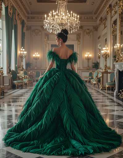 A woman is standing in an opulent room with a high ceiling and chandeliers. She is wearing a long, green dress that flows down to her feet, adorned with large feathers on the sleeves and legs. The room features gold accents and furniture, creating an atmosphere of grandeur and luxury.