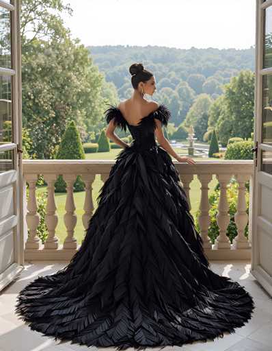 A woman in a stunning black feather gown stands on a balcony, gazing at a lush garden. The dress is a dramatic, floor-length gown made entirely of black feathers, with a voluminous skirt and a feathered shoulder detail. She wears delicate gold earrings and her hair is styled in an elegant updo. The balcony has a white balustrade with ornate carvings, and the garden is filled with vibrant greenery. The overall mood is one of elegance, sophistication, and a touch of fantasy.