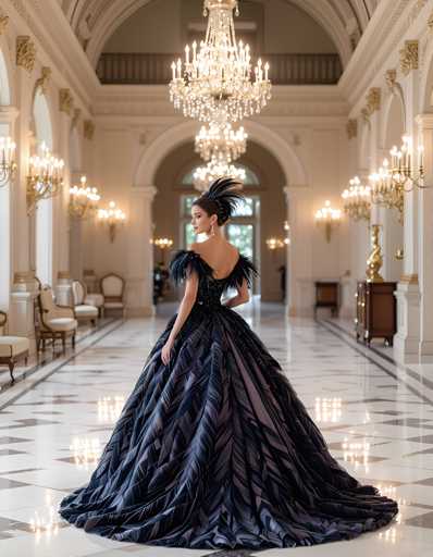 A woman is standing in an opulent room with a high ceiling and chandeliers. She is wearing a long, elegant black dress that falls to her knees, and she has a large feather boa draped around her shoulders. The room features white walls and marble floors, creating a luxurious atmosphere.