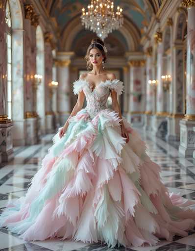 In this captivating photograph, a young woman stands gracefully in the center of an opulent hallway, exuding elegance and poise. She is adorned in a stunning dress that features a voluminous skirt with layers of ruffles in soft hues of pink, white, and light blue, creating a cascading effect that flows from her waist to the floor. The dress is intricately designed with a corseted bodice, embellished with delicate feathers and ruffles that add texture and depth to her ensemble. Her arms are positioned at her sides, with her hands gently resting on her thighs, enhancing her poised demeanor.

Her hair is styled in an intricate updo, with a bun elegantly positioned at the back of her head, accentuated by a silver headband that adds a touch of regal flair. She wears long, dangling earrings that catch the light, complementing her overall look of sophistication.

The hallway in which she stands is a marvel of architectural beauty. The floor is adorned with a striking black and white checkered marble pattern, while the walls are lined with grand arches that feature intricate gold detailing. The ceiling is a masterpiece of design, painted in a rich blue and adorned with gold accents that add to the grandeur of the space. A magnificent chandelier hangs from the ceiling, casting a soft, warm light that enhances the luxurious atmosphere of the scene.
