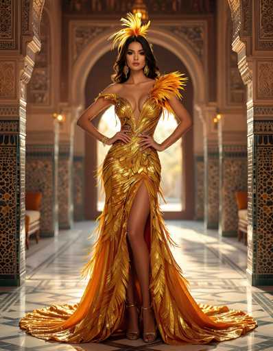 In this captivating photograph, a woman stands confidently in the center of an opulent, grand room, exuding elegance and sophistication. She is adorned in a stunning, golden dress that features intricate feather-like patterns, giving it a luxurious and regal appearance. The dress is form-fitting, accentuating her figure, and includes a high slit on the left side that reveals her leg. The dress's design is further embellished with feathers on the right shoulder, adding a touch of whimsy and flair.

Her dark hair is styled in a sleek ponytail, and she wears a striking headdress adorned with feathers, complementing the dress's golden hues. Her accessories include delicate gold earrings and matching gold high heels, completing her glamorous ensemble. The woman's posture is poised, with her hands resting on her hips, as she gazes directly at the camera, exuding self-assurance.

The room around her is equally grand, with tall ceilings and walls that feature intricate designs. The floor is tiled in a light color, possibly white or beige, with a subtle pattern that adds to the room's elegance. Large windows on either side of her allow natural light to flood the space, highlighting the room's grandeur and the woman's radiant presence. The overall scene is one of opulence and beauty, capturing a moment of timeless elegance.