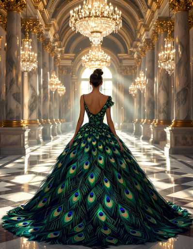 In this captivating image, a woman stands gracefully in the grand lobby of an opulent mansion. She is adorned in a stunning dress that resembles the feathers of a peacock, with a mesmerizing array of green hues and intricate blue and yellow patterns. The dress features a single strap on her left shoulder and an elegant, low-cut back that reveals her spine and shoulders. Her dark hair is styled in an intricate bun atop her head, and she wears delicate earrings that add to her sophisticated appearance.

The setting around her is equally grand, with a floor patterned in black and white tiles that stretches into the distance. The walls are lined with majestic marble pillars, each adorned with gold accents at their bases. Above, a series of magnificent chandeliers hang from the ceiling, casting a warm glow throughout the space. The ceiling itself is an architectural marvel, featuring a series of arches that lead to a large, arched window at the far end of the room. This window allows natural light to flood the lobby, illuminating the luxurious details of the mansion and creating a breathtaking backdrop for the elegantly dressed woman.