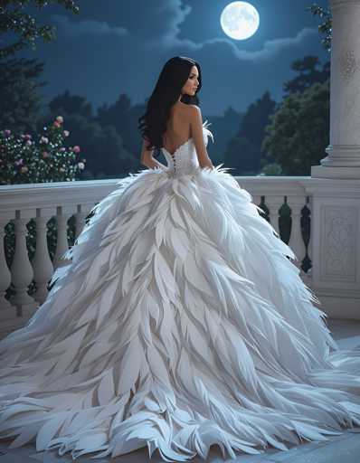 A woman is standing on a balcony with her back to the camera, wearing a white wedding dress that has long train and feathery sleeves. The balcony is made of stone and features a railing. In the background, there are trees and bushes, suggesting an outdoor setting.