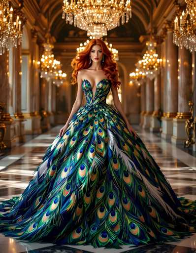 AI girls in feather ballgown