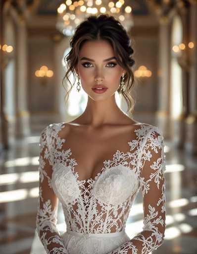 The image features a stunning bride standing in an opulent, grand hall. She is adorned in a breathtaking white wedding gown with intricate lace detailing. The gown is sleeveless, featuring delicate lace sleeves that extend from her shoulders to her wrists. The bodice of the dress is adorned with two large, elegant white lace cups that cover her breasts, and the lace continues down to her waist, where a thin white belt with a small silver buckle cinches her figure. The dress is form-fitting, accentuating her slender arms and shoulders.

Her hair is styled in an elegant updo, with soft curls cascading down the sides of her face. She wears exquisite gold earrings that dangle gracefully, adding a touch of sparkle to her ensemble. Her makeup is meticulously applied, with a light pink lipstick that complements her radiant complexion. Her eyes are accentuated with black eyeliner and mascara, and her eyebrows are perfectly shaped, enhancing her natural beauty.

The background is a blur of luxurious elements, including chandeliers and gold accents, which add to the grandeur of the setting. The floor is a rich brown, and the walls are adorned with gold trim, contributing to the overall majestic atmosphere. The bride stands poised and elegant, embodying the epitome of bridal beauty in this exquisite scene.