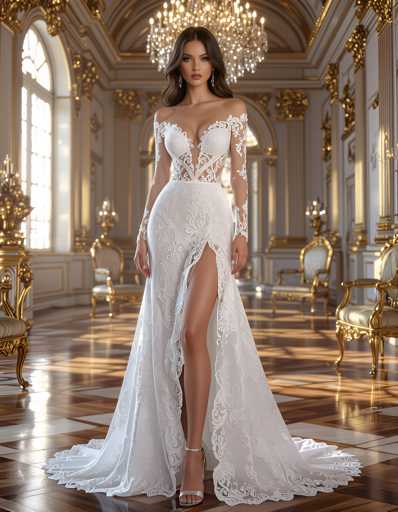 A woman is standing in front of a large window with gold trim and a chandelier hanging from the ceiling. She is wearing a white wedding dress with lace sleeves and a high slit on the side. The room has a grandeur to it, with ornate decorations and furniture that contribute to its opulence.