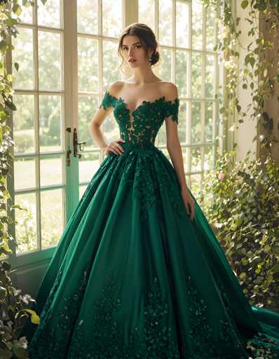 In this captivating photograph, a young woman stands gracefully in front of a large, multi-paned window, framed by lush greenery and bathed in natural light. She is adorned in a stunning emerald green dress, intricately designed with sheer, lace-like material that forms a delicate pattern over her chest and shoulders. The dress features a deep V-neckline that accentuates her elegant neckline, and it cinches at her waist before flaring out into a voluminous, ball gown-style skirt. Her dark brown hair is styled in an updo, with soft bangs framing her face, and she wears a single earring that adds a touch of sparkle. Her makeup is subtle yet striking, with a hint of red lipstick enhancing her natural beauty. One hand rests confidently on her hip while the other hangs by her side. The window behind her, with its white panes and black handles, offers a picturesque view of a verdant lawn and trees, further enhancing the serene and timeless atmosphere of the scene.