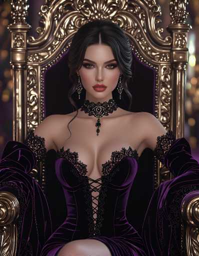 The image depicts a highly detailed, AI-generated or computer-rendered woman seated on an ornate, golden throne. The throne features intricate carvings and is lined with a luxurious purple velvet interior. The woman, who has long, dark brown hair styled in a half-up, half-down manner with a side part, is adorned with elaborate makeup, including dark eyeshadow, long eyelashes, and striking red lipstick. She wears a black choker with a jewel pendant, along with dangling earrings. Her attire is a low-cut, purple velvet dress with black lace details and a corset-like bodice that ties up the front. The dress has puffy sleeves that extend to her elbows, adding to the regal and gothic aesthetic. The background is blurred, emphasizing the woman and her throne, and the overall image has a slightly cartoonish yet realistic quality, suggesting it might be from a video game or a fantasy-themed artwork.