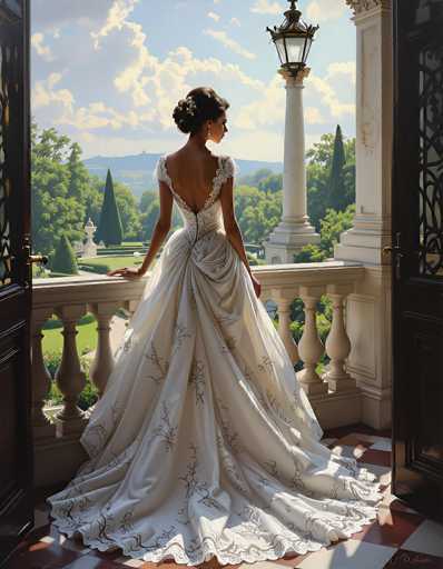 In this captivating image, a bride stands gracefully on a balcony, gazing out at a picturesque landscape. She is adorned in a stunning white gown with intricate floral patterns and delicate lace detailing. The dress features a deep V-back, showcasing her elegant bare back, and is complemented by short sleeves and a fitted bodice. Her dark hair is styled in an elegant updo, adorned with a beautiful flower, and she wears a single earring that adds a touch of sparkle to her ensemble.

The balcony itself is framed by open doors, revealing a floor patterned in red and white tiles. A white railing with ornate columns stands before her, and a tall white pillar with a decorative lamp adds to the romantic ambiance. The bride's dress flows gracefully to the floor, with a slight train that enhances her regal appearance.

In the background, a serene landscape unfolds with lush green trees, rolling hills, and a clear blue sky dotted with fluffy white clouds. The scene is bathed in sunlight, casting a warm glow on the bride and her surroundings. This image beautifully captures a moment of serene elegance and natural beauty, making it a truly memorable sight.